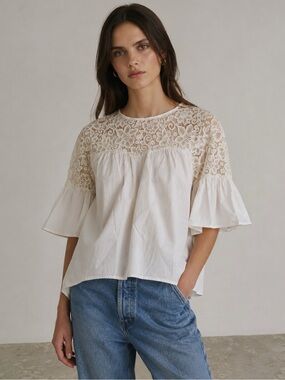 bebe White Lace Yoke Ruffle Sleeve Blouse